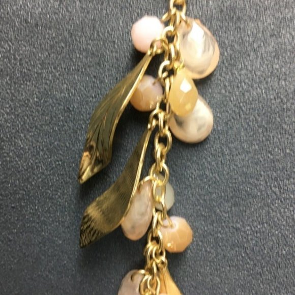 Long Y Drop Necklace Barbie Gold Pink Salmon Rose Leaves Dangles Retro Cottage - Picture 2 of 8